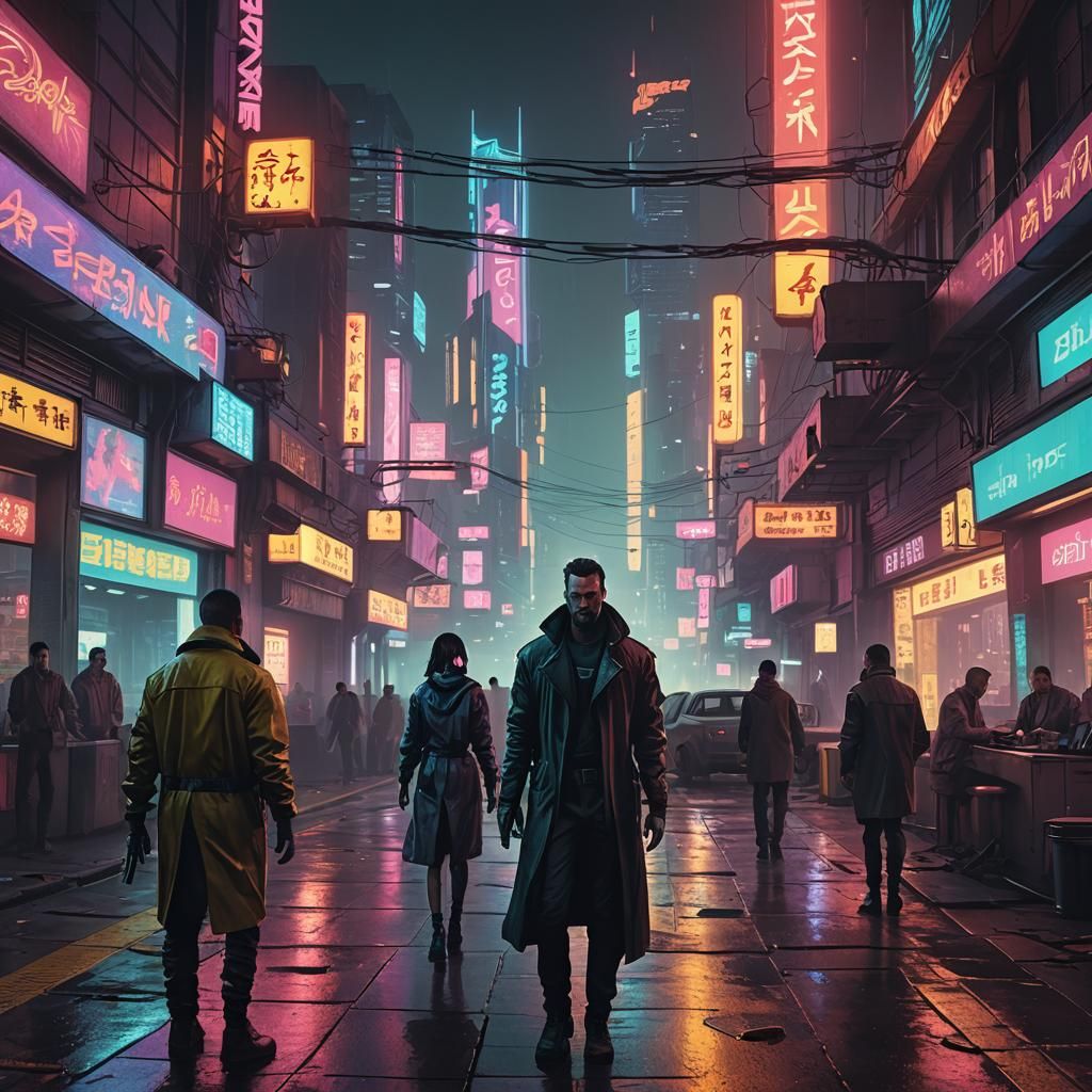 Cyberpunk Data Sellers in Neon Cityscape