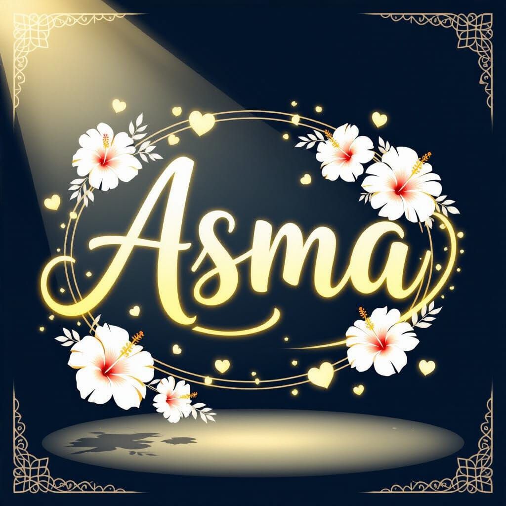 Elegant Gold "Asma" Name Art with Hibiscus and Hearts