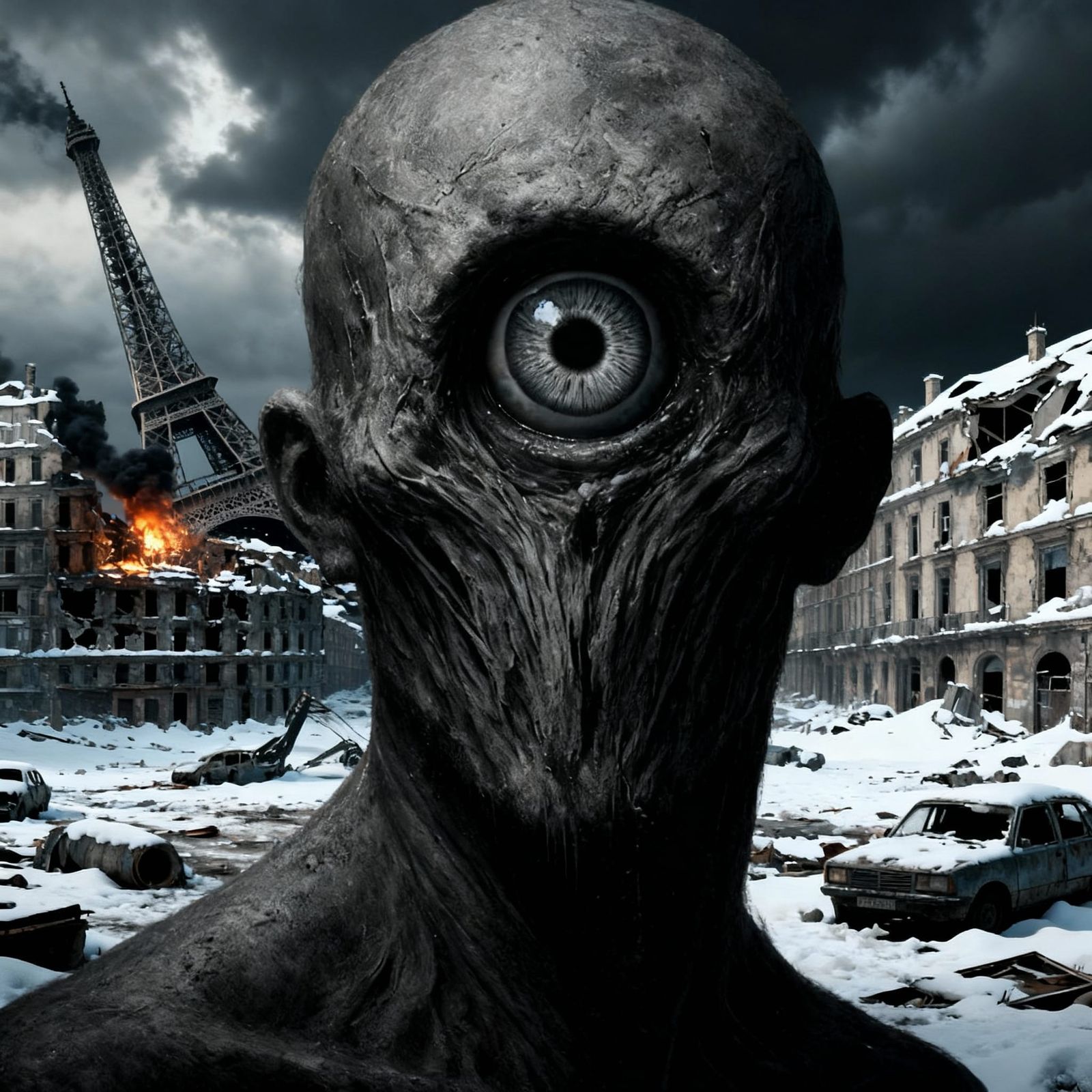 One Eyed Monster Amidst Destroyed Paris Landscape