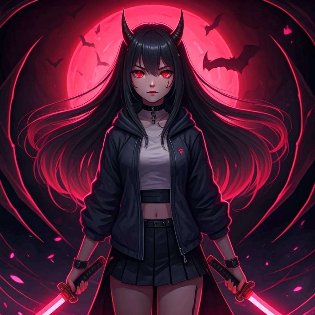 Anime Girl with Glowing Swords in Dark Setting