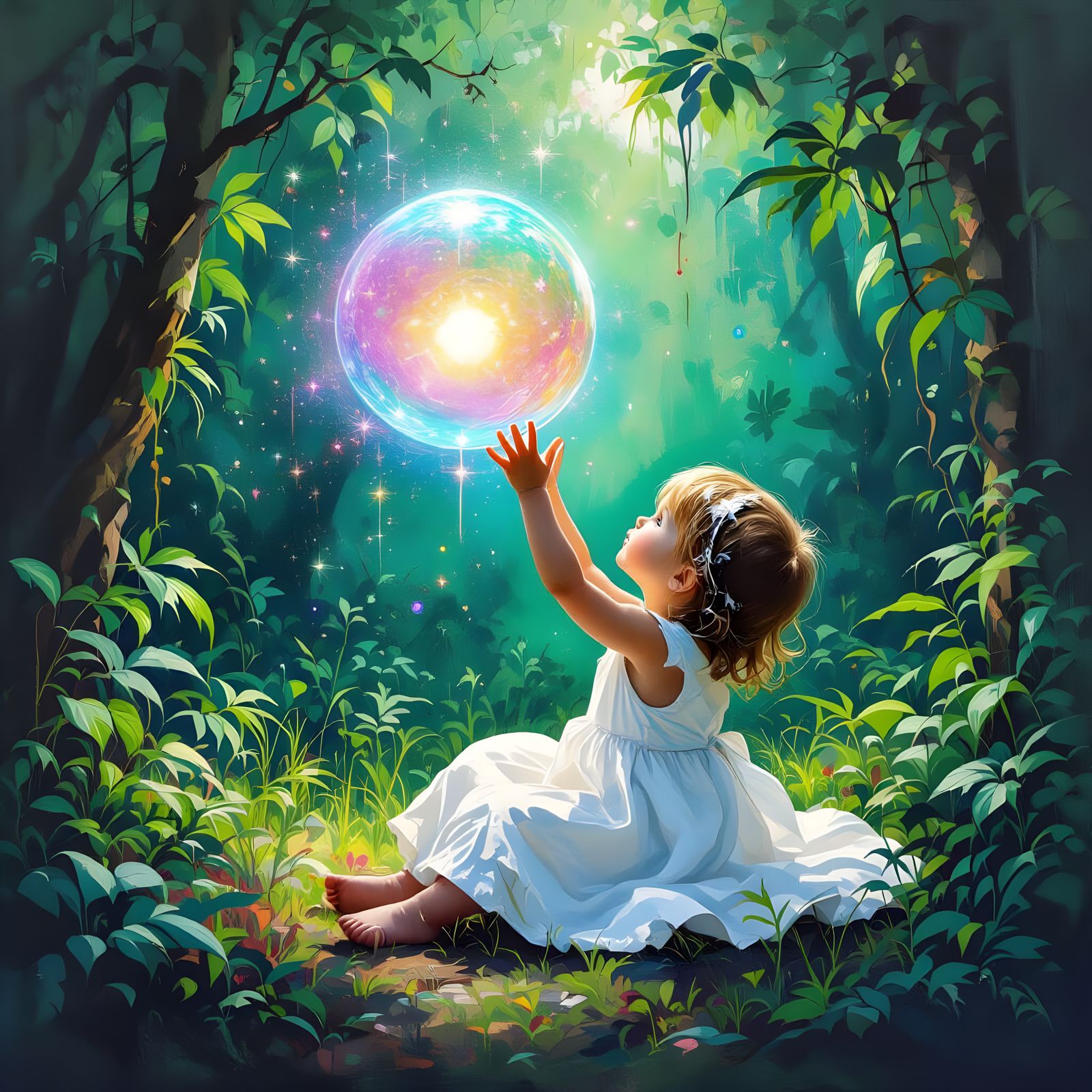 Child Reaching for Orb in Graffiti Art Forest