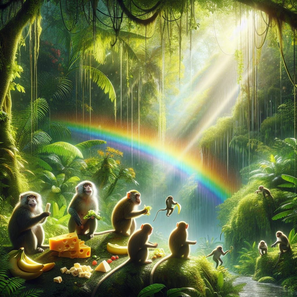 Monkeys Discover Paradise Under a Rainbow