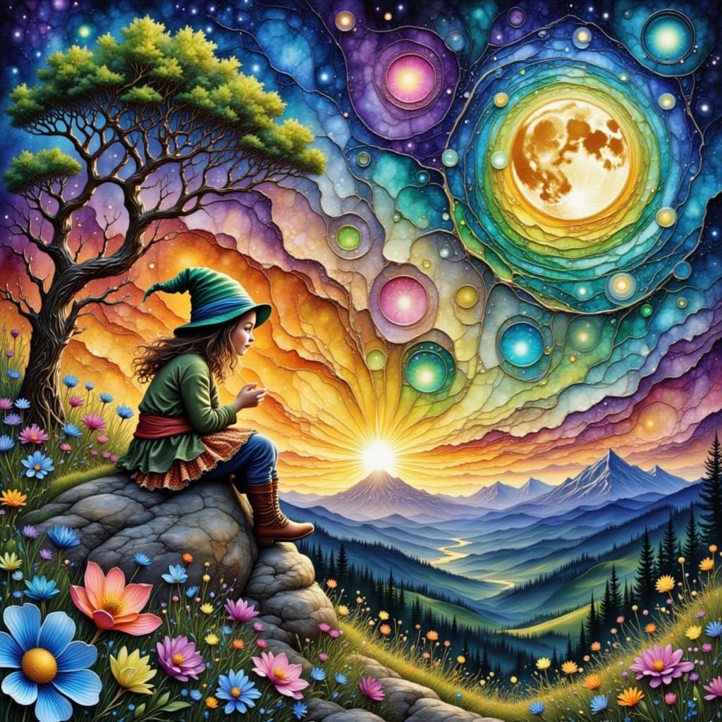 Adorable Gnome Girl on Mountain Top, Alcohol Ink Art