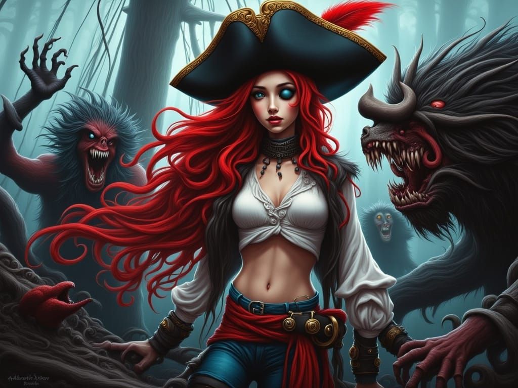 Gothic Pirate Goddess on Weathered Ship in Dark, Mysterious ...