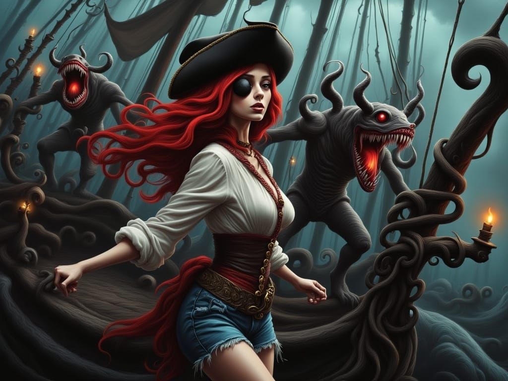 Mysterious Female Pirate Amidst Dark Spirits in Gothic Roman...