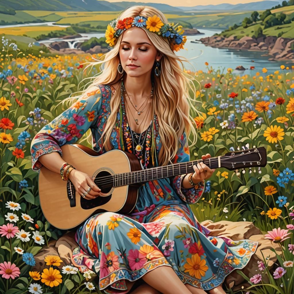beautiful woman  hippie playing guitar