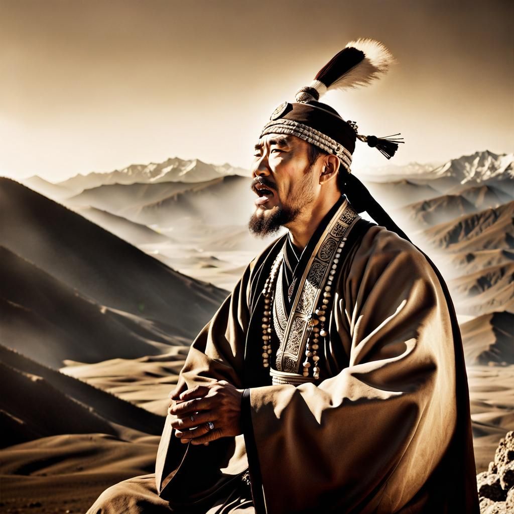 Mongolian Throat Singer on Majestic Mountain in Sepia