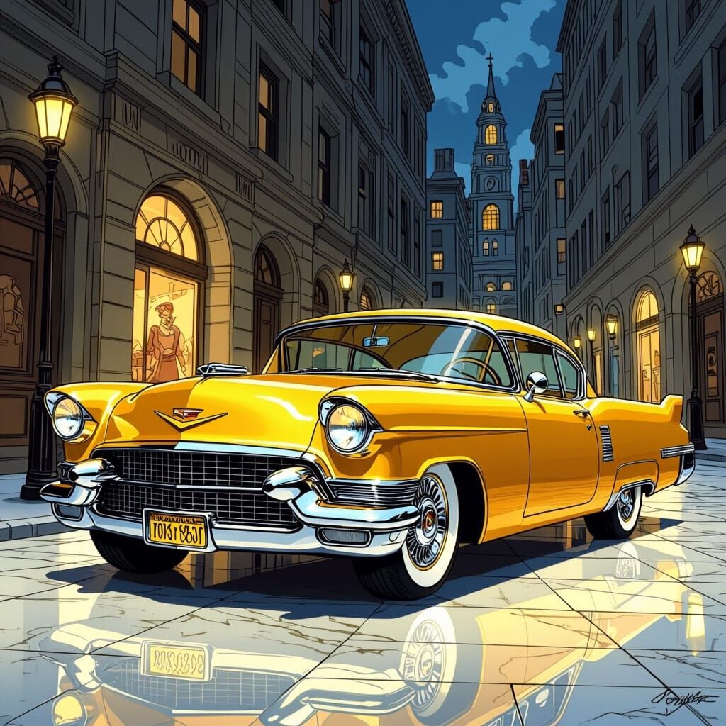 Anthropomorphic Cadillac on Marble Street in Comic Style