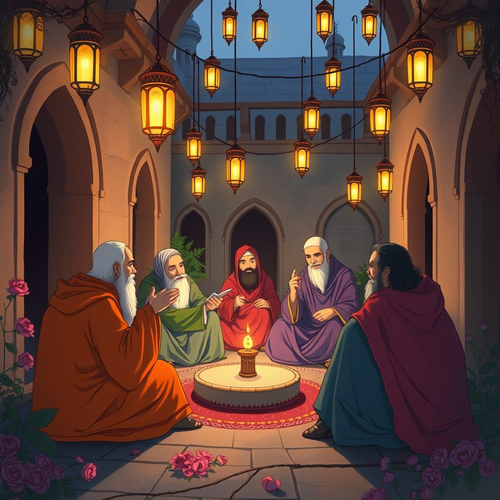 Mystical Sufi Debate in Islamic Miniature Style