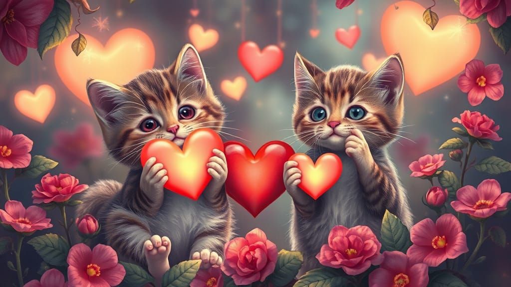 Whimsical Valentine Kitties in a Dreamlike Environment