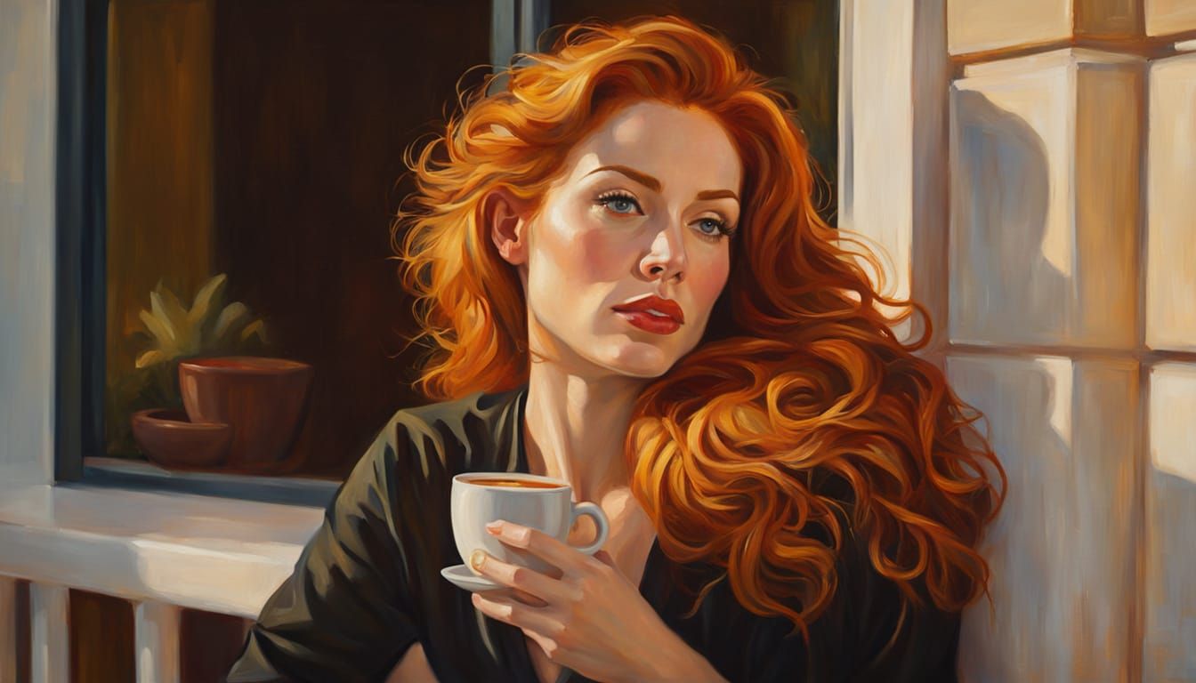 Redhead Lounging on Balcony in Impressionist Oil Painting