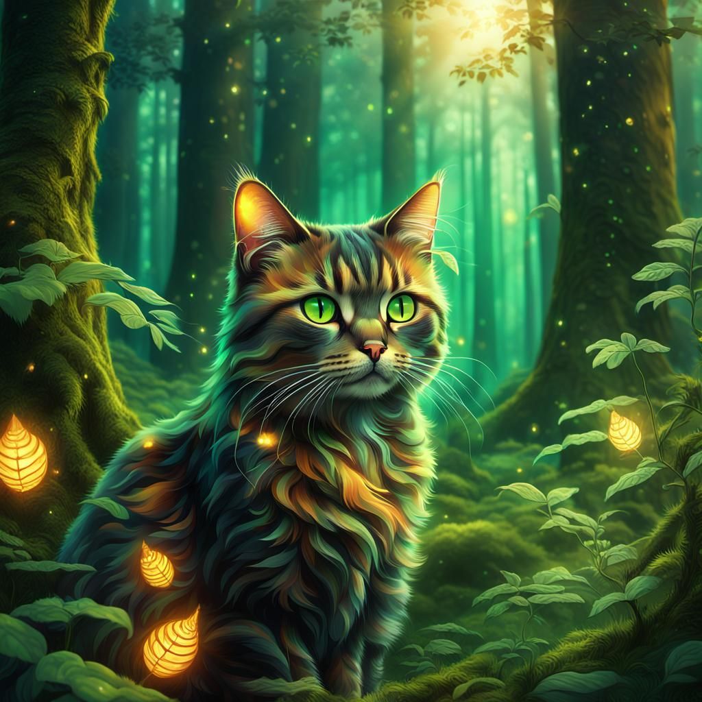 Mystical Forest: Tortoiseshell Cat in Digital Art