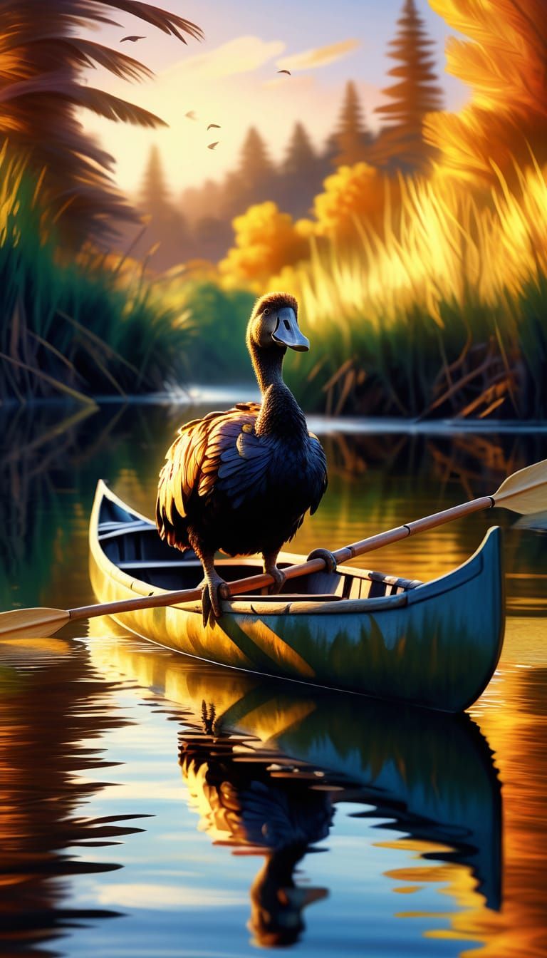 Dodo Drifting in Canoe: Vibrant Impressionist Digital Painti...