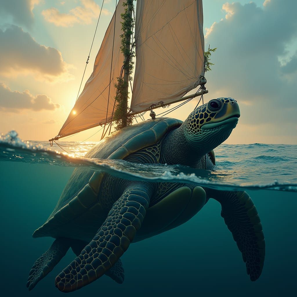 Twilight Turtle Sail Ship in Dreamlike Fantasy Art