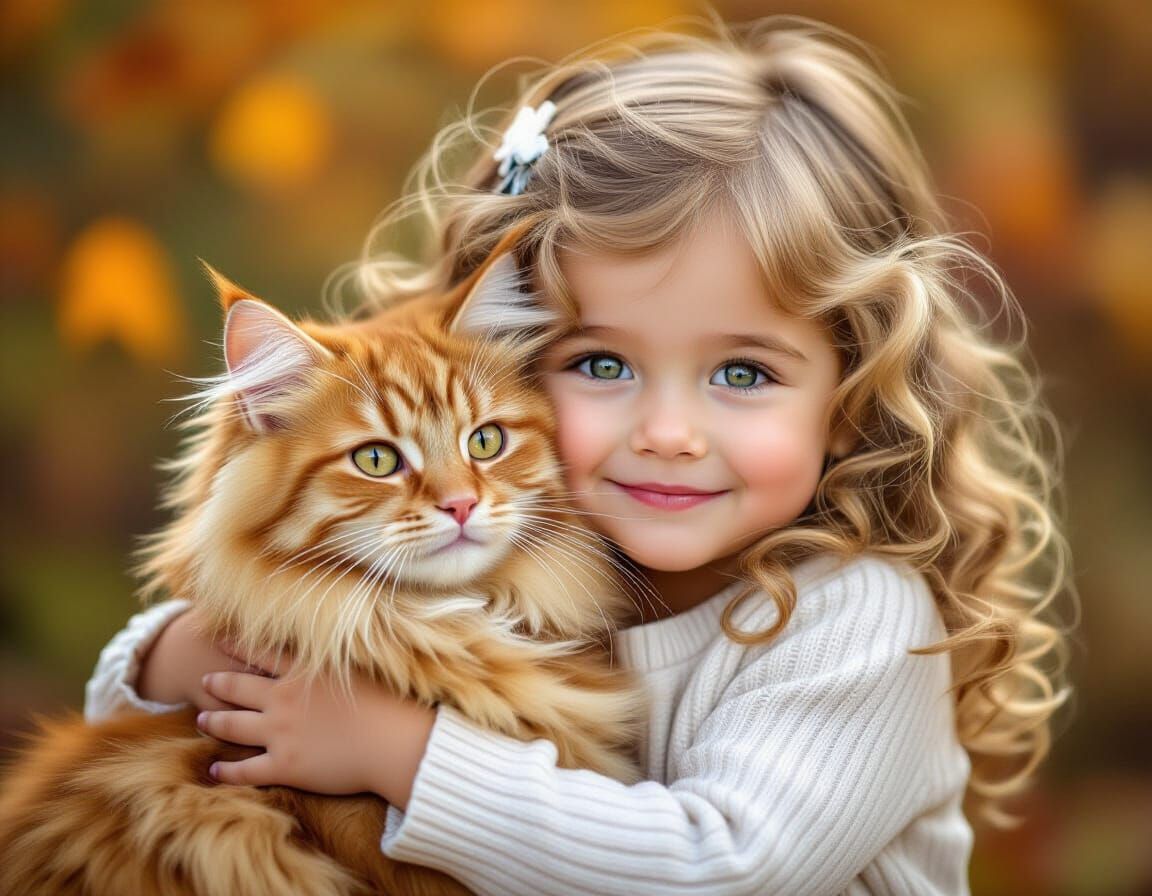 Girl Hugs Fluffy Cat Amidst Autumn Leaves
