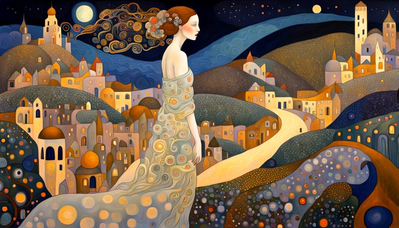 Ethereal Woman in Dreamlike Landscape, Klimt Style