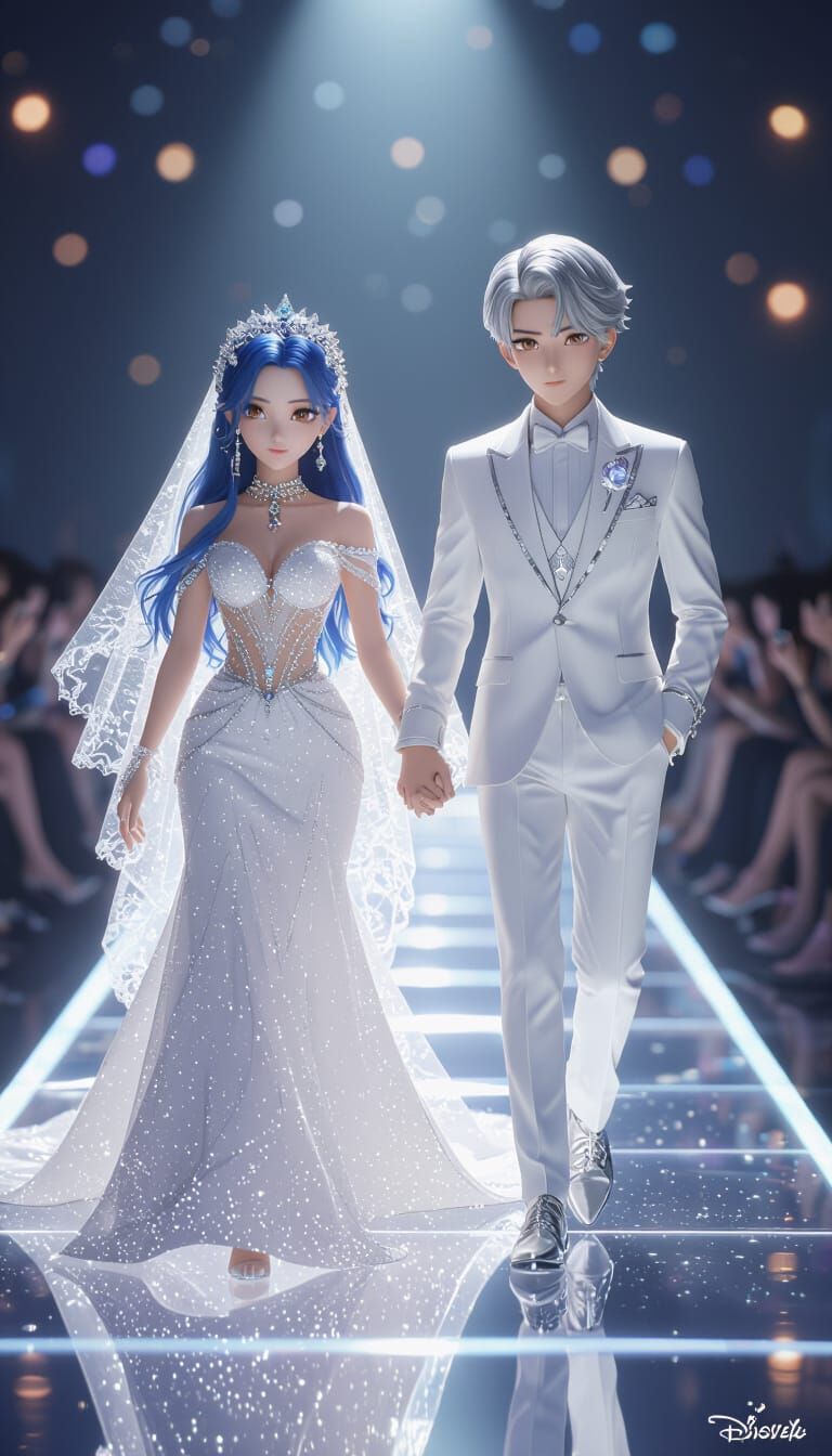 Disney K-Pop Couple on Crystal Runway in 3D Anime Style