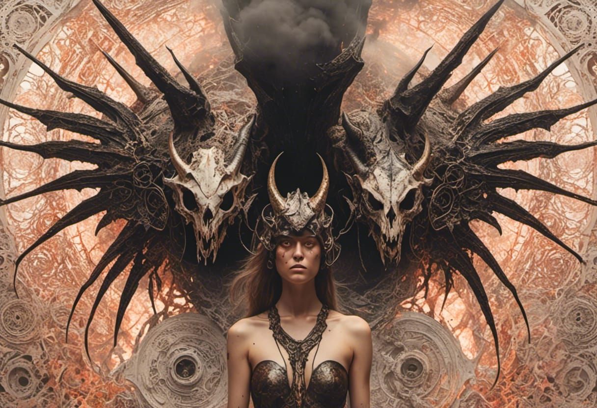 <lora:JLG636 A:1.0> <lora:Vintage Goth:1.0> Hyperreal digital art. Medium shot. Pale Nordic woman wearing a dragon-inspi...