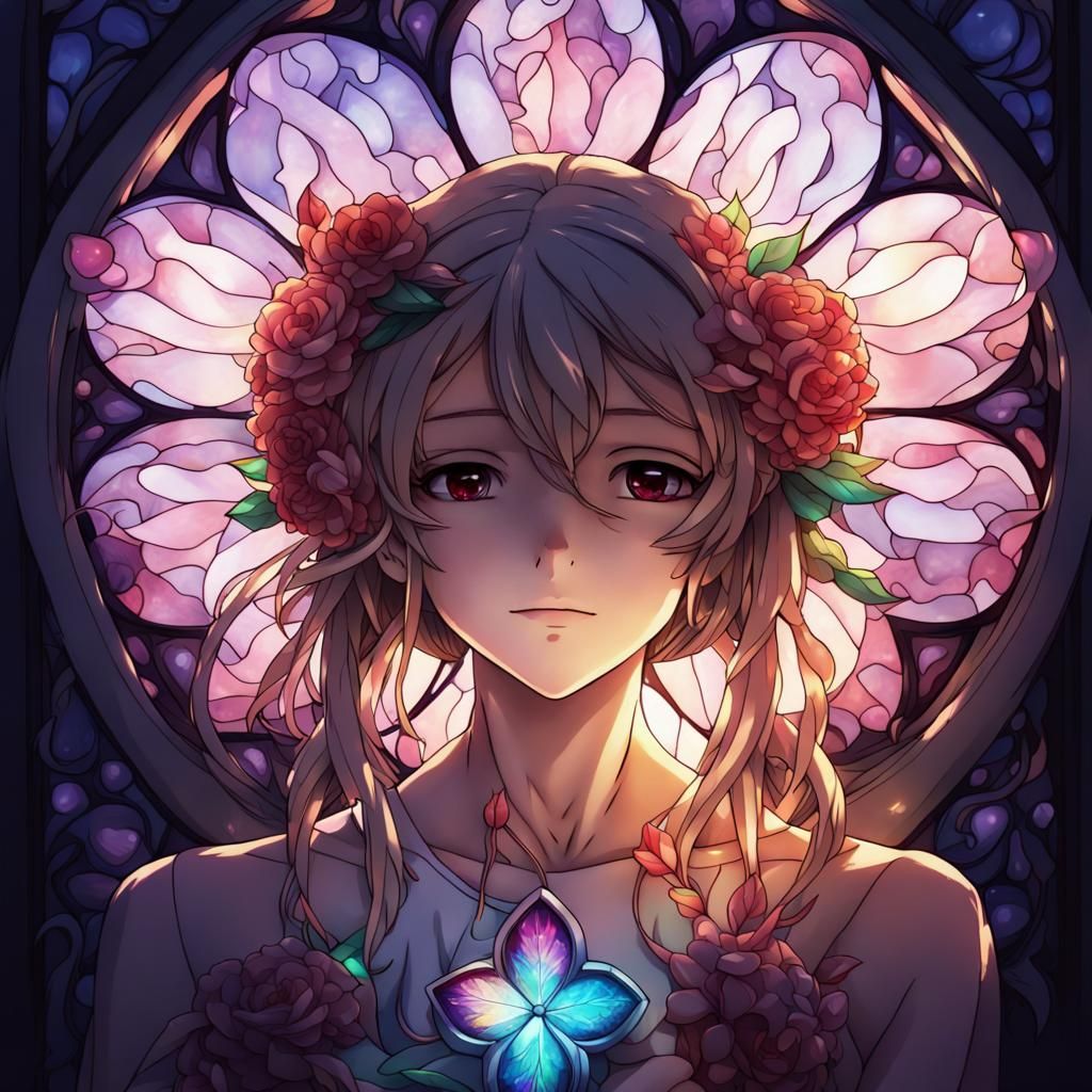 Anime Flower Spirit in Stained Glass Style