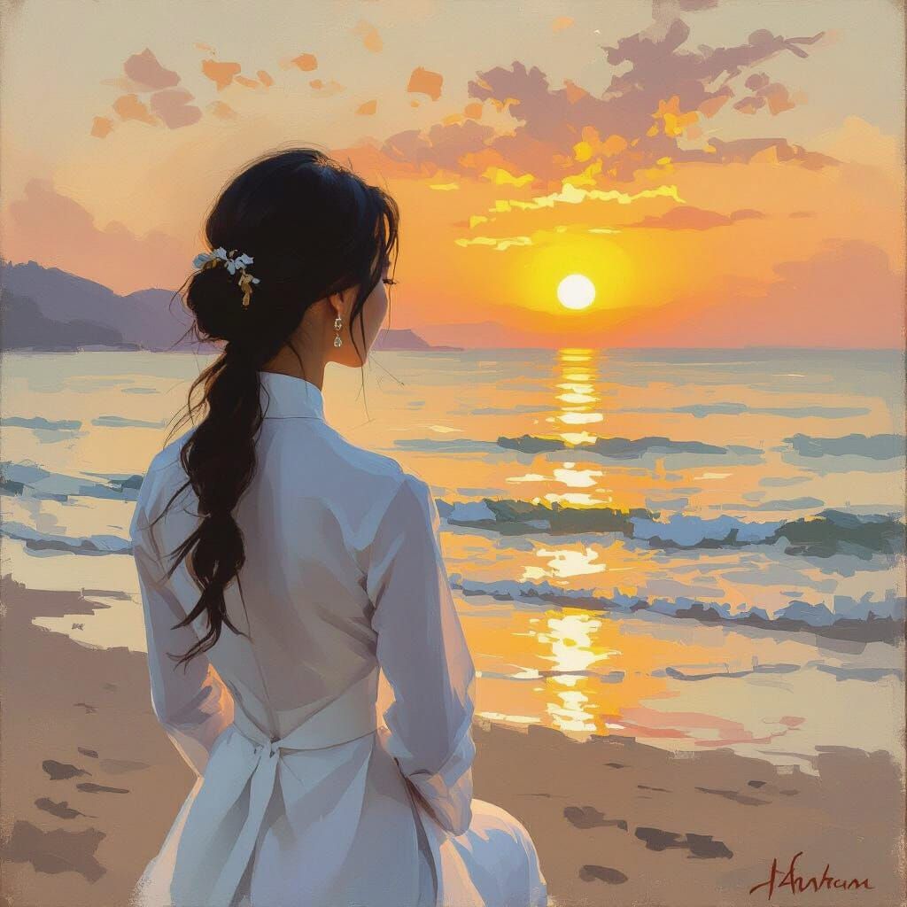 Vietnamese Woman Watches Sunrise on An Bang Beach in Oil Pai...