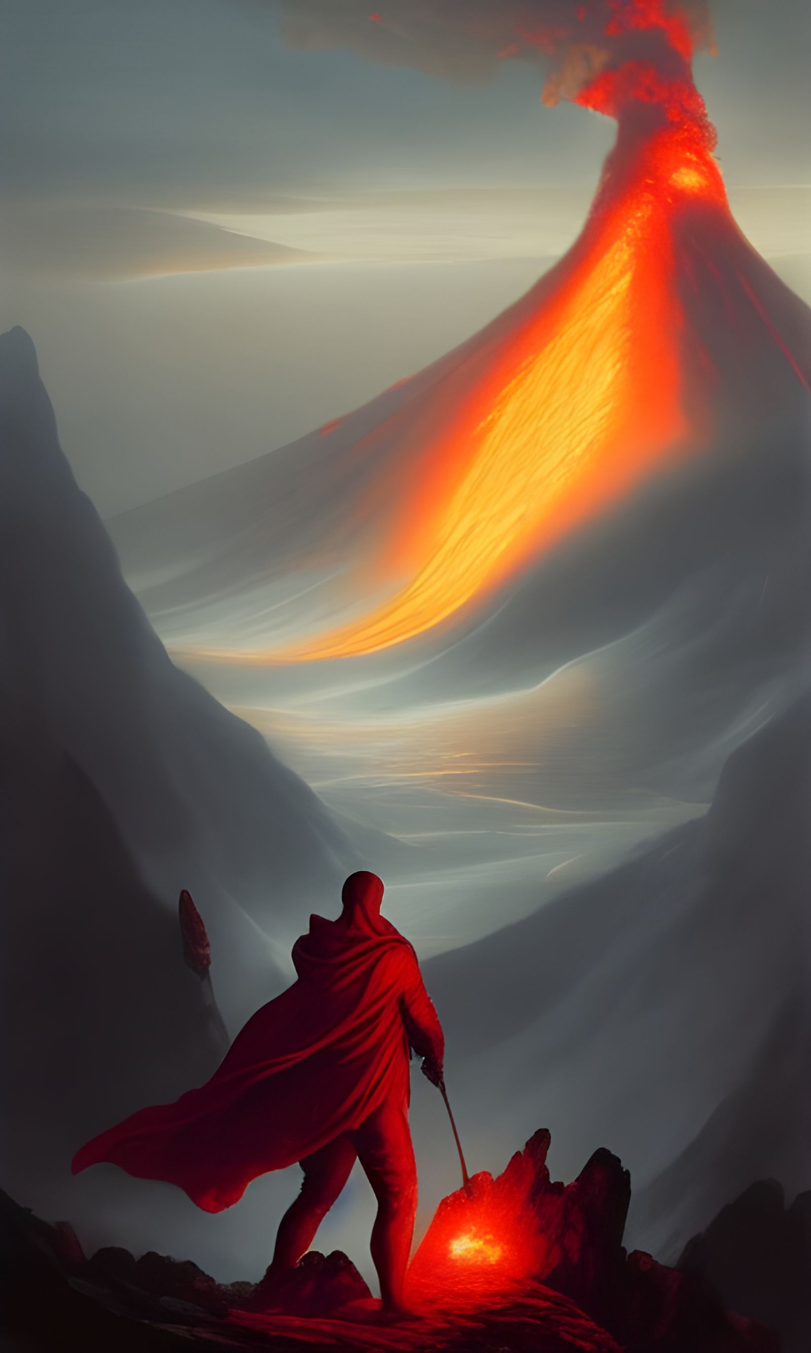 Volcanic Doom in Red Cloak, Hyperdetailed Art