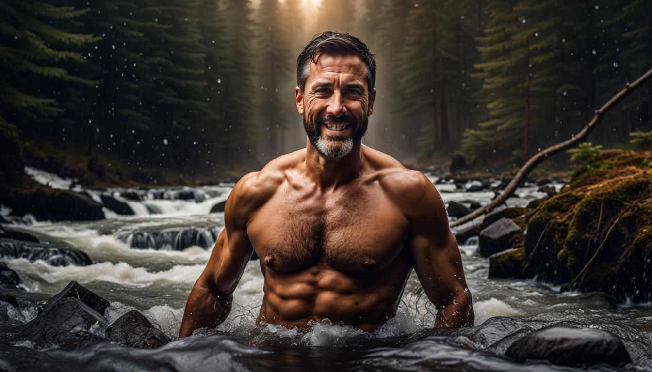 Man Emerges from Snowy Stream in Golden Hour