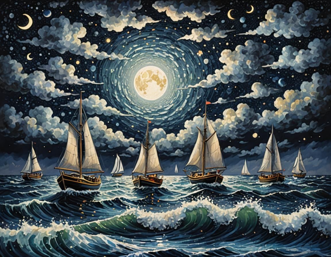 Pointillist Boats on a Turbulent Moonlit Sea