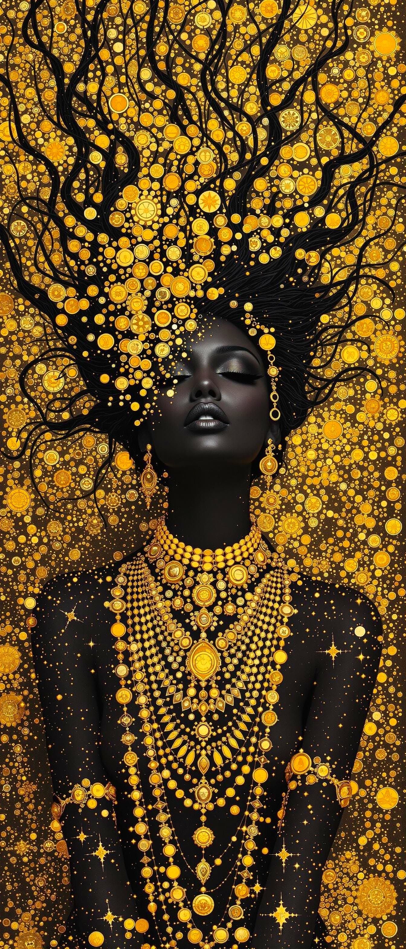 Vibrant Gold Jewelry Overloaded Matte Black Figure in Fracto...