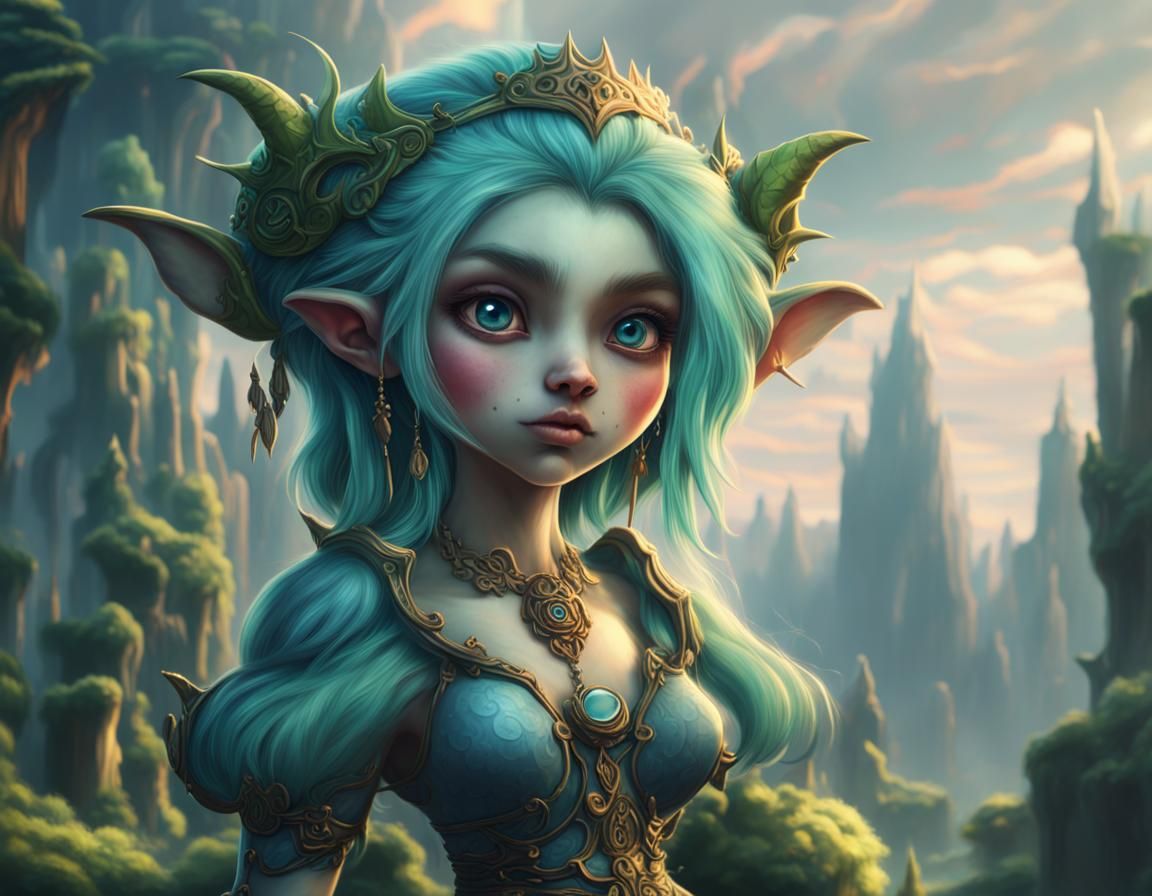 Cute Goblin Princess with Green Skin and Blue Hair