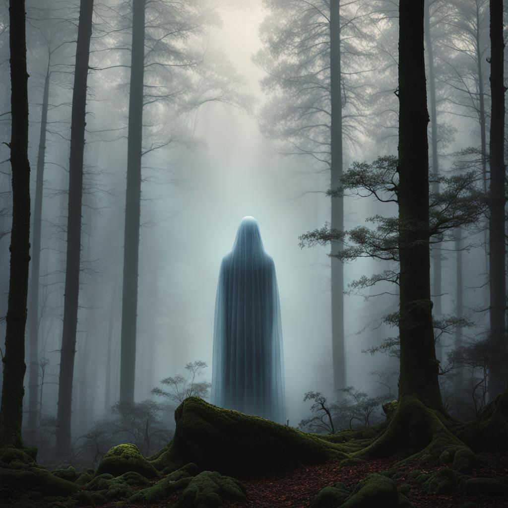 Translucent Woman in Misty Forest