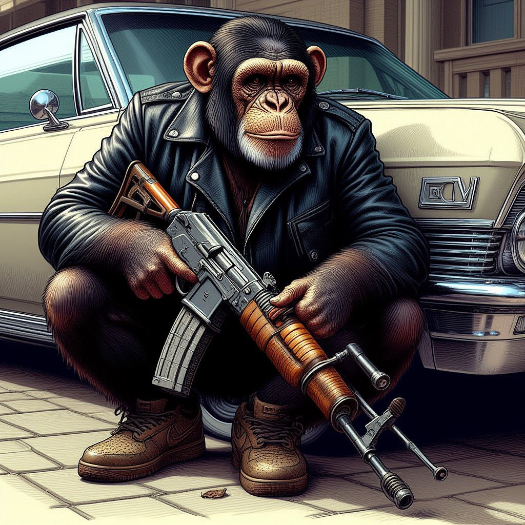 Chimpanzee with AK-47 Beside Classic Car