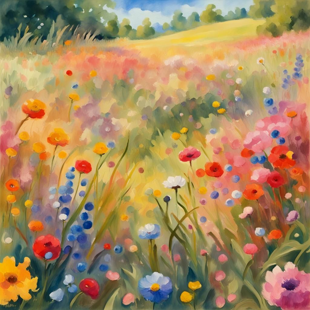 Colorful Flower Meadow in Gouache Impressionist Style