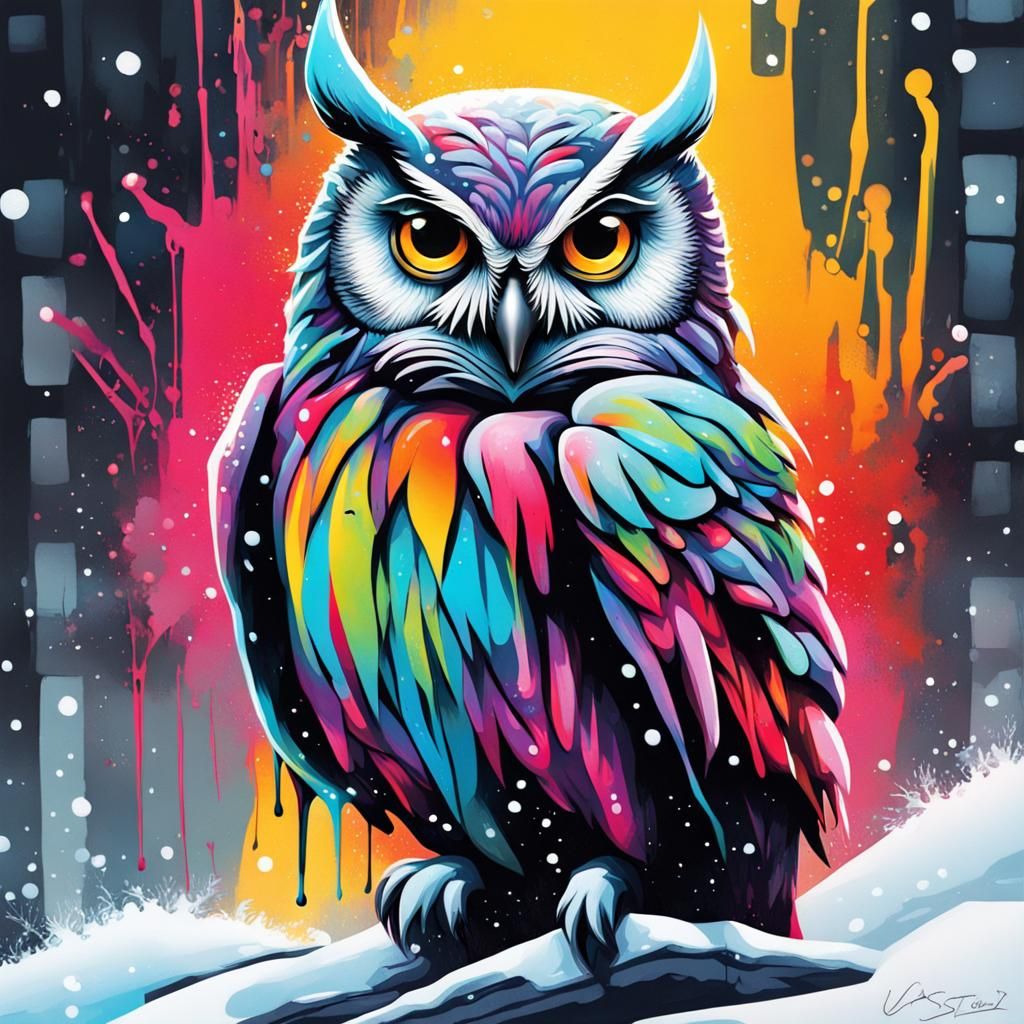 Colorful Winter Owl Graffiti Art