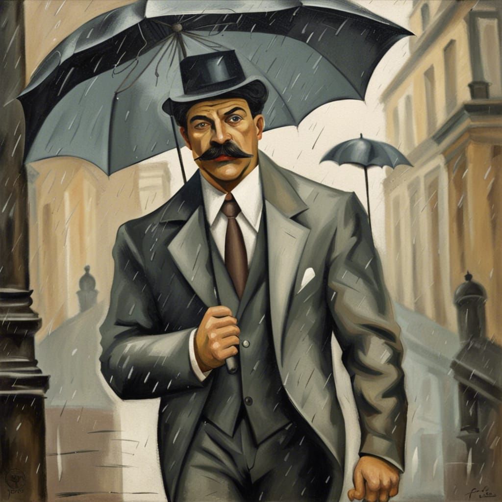 Parisian Man in Rain, Cubist Style Portrait