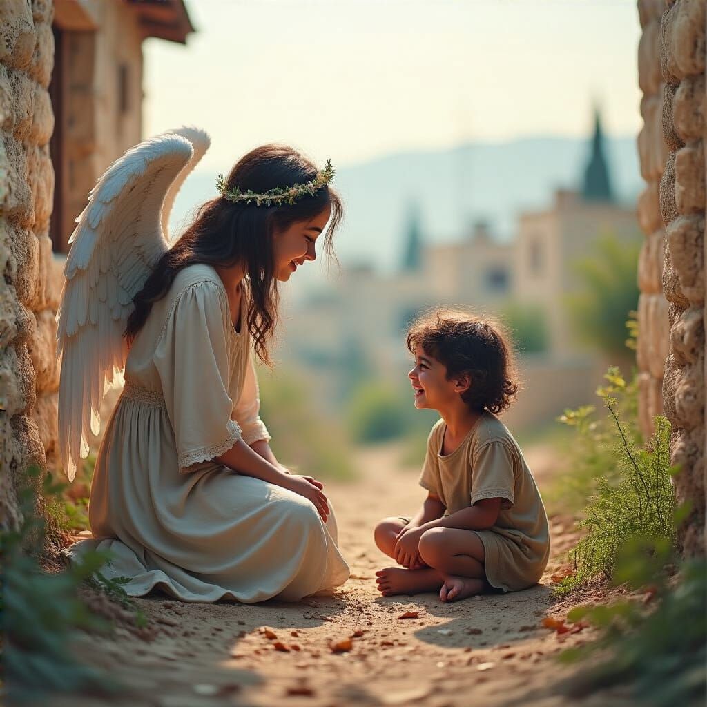 Angel Witnesses Hope in Village Scene