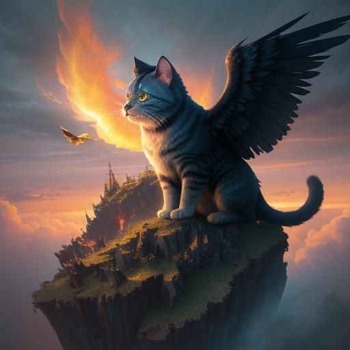 Sentient Cloud Cat with Raven Wings, Digital Painting