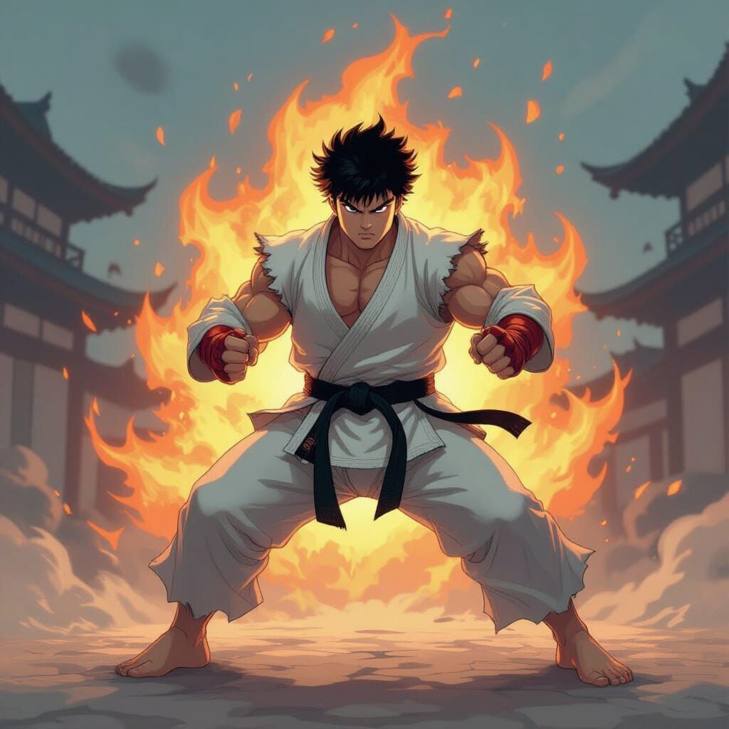Ryu in Fighting Pose with Fiery Aura