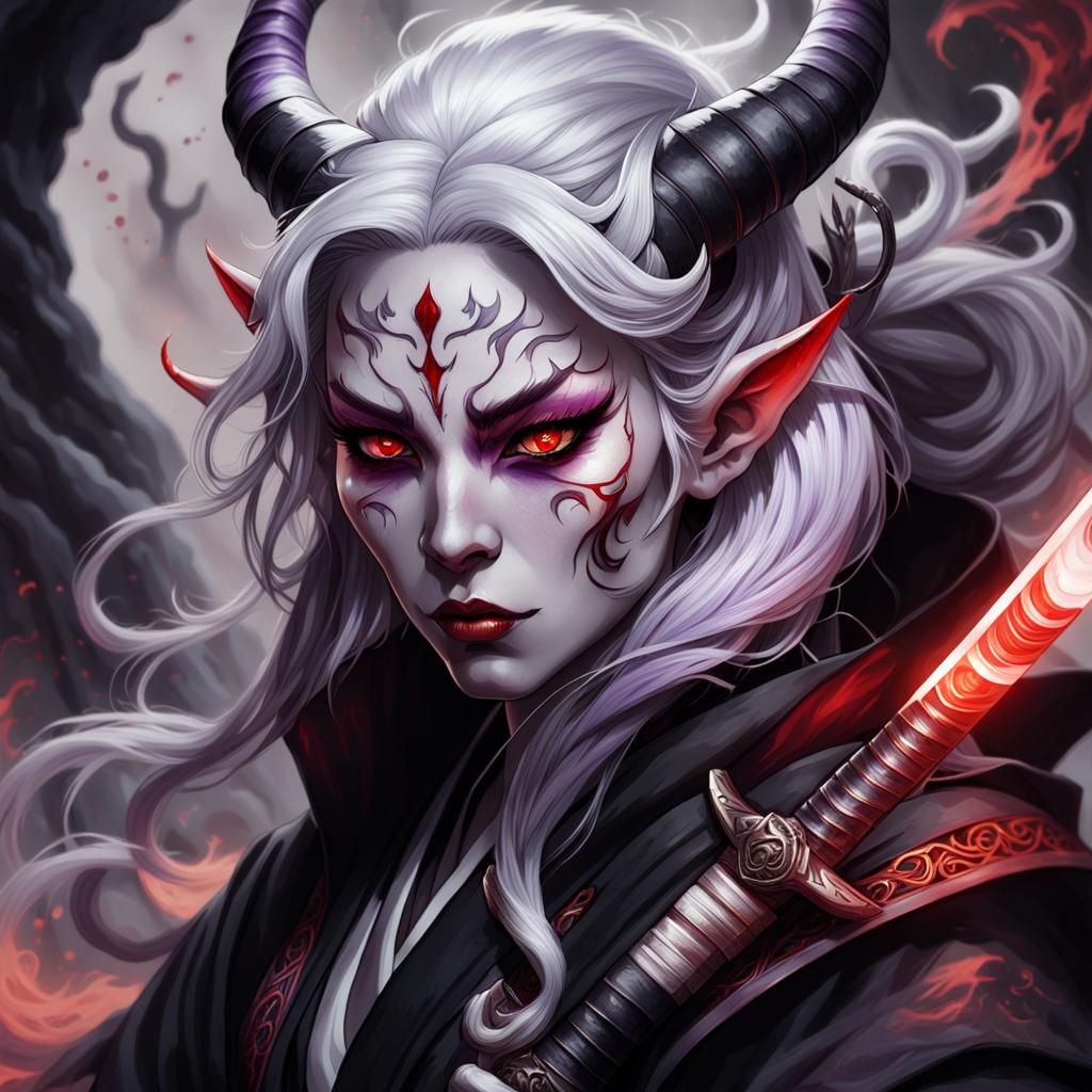 Tiefling Katana: Dark Fantasy Portrait in Anime Style