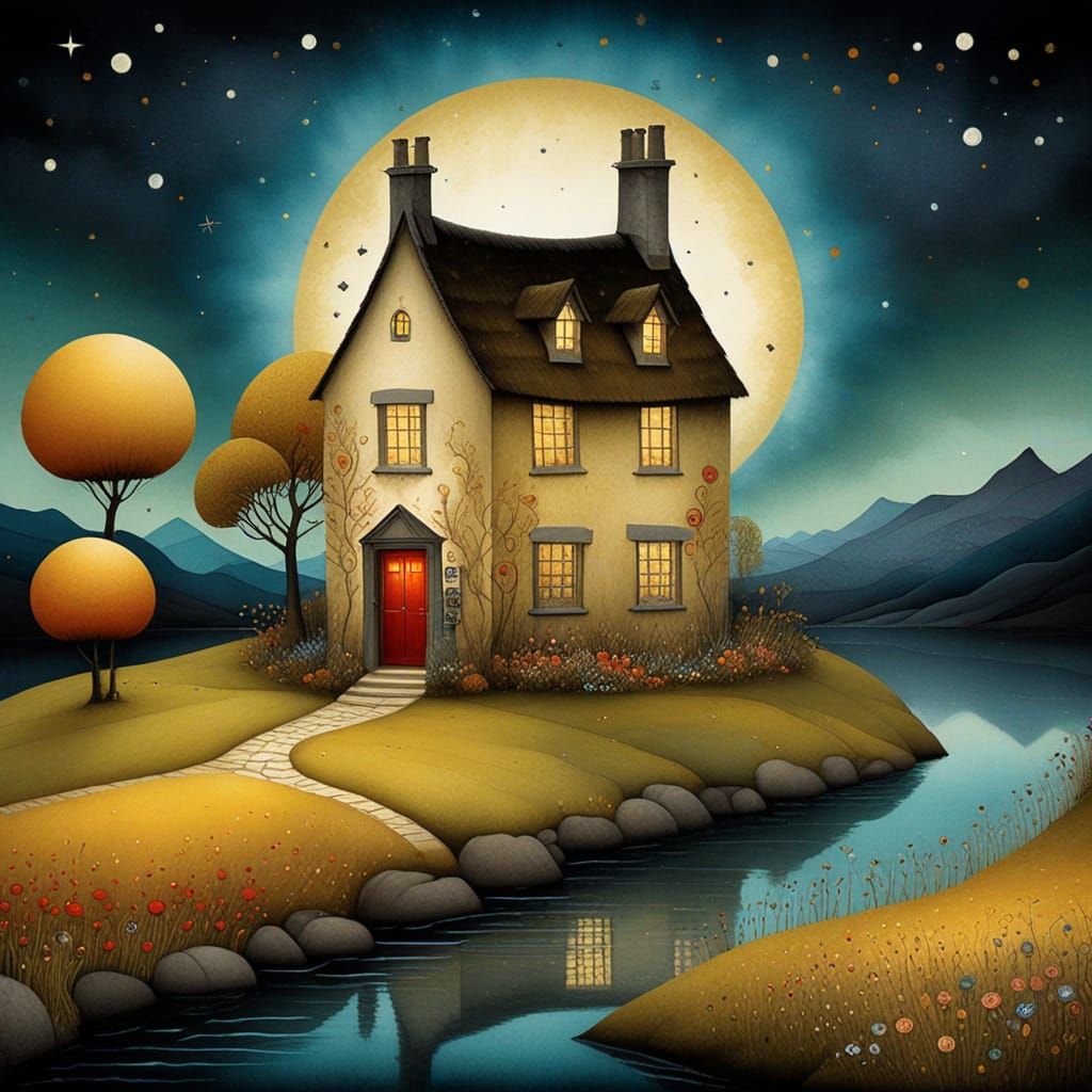 Fantasy Cottagecore Landscape with Watercolor Details