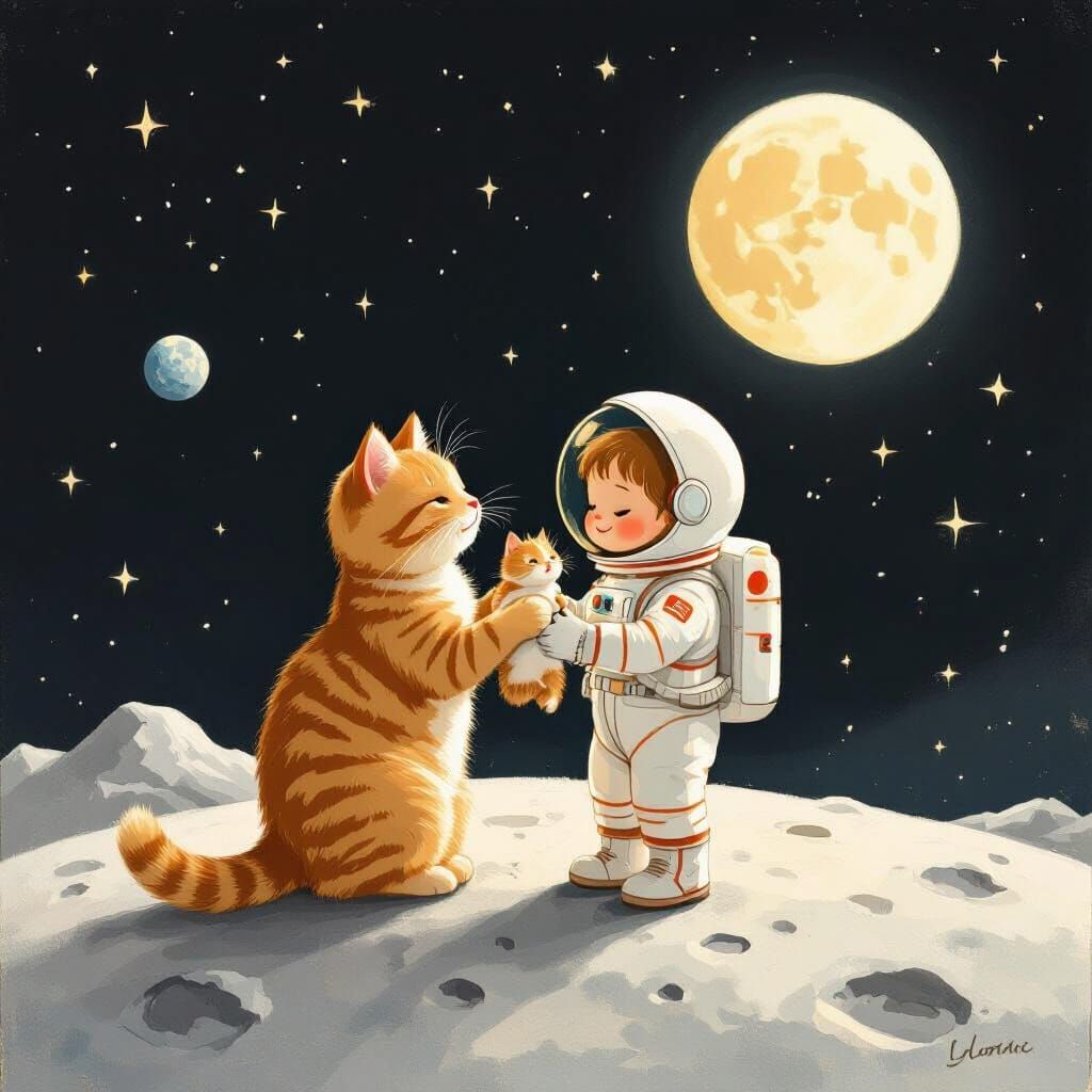 Child and Cat Explore the Moon in Gentle Illustration