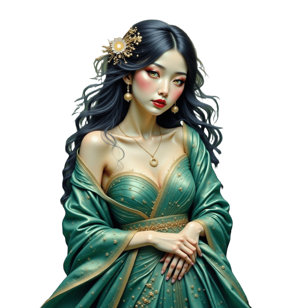 Regal Asian Woman in Emerald Gown, Twilight Lake Scene