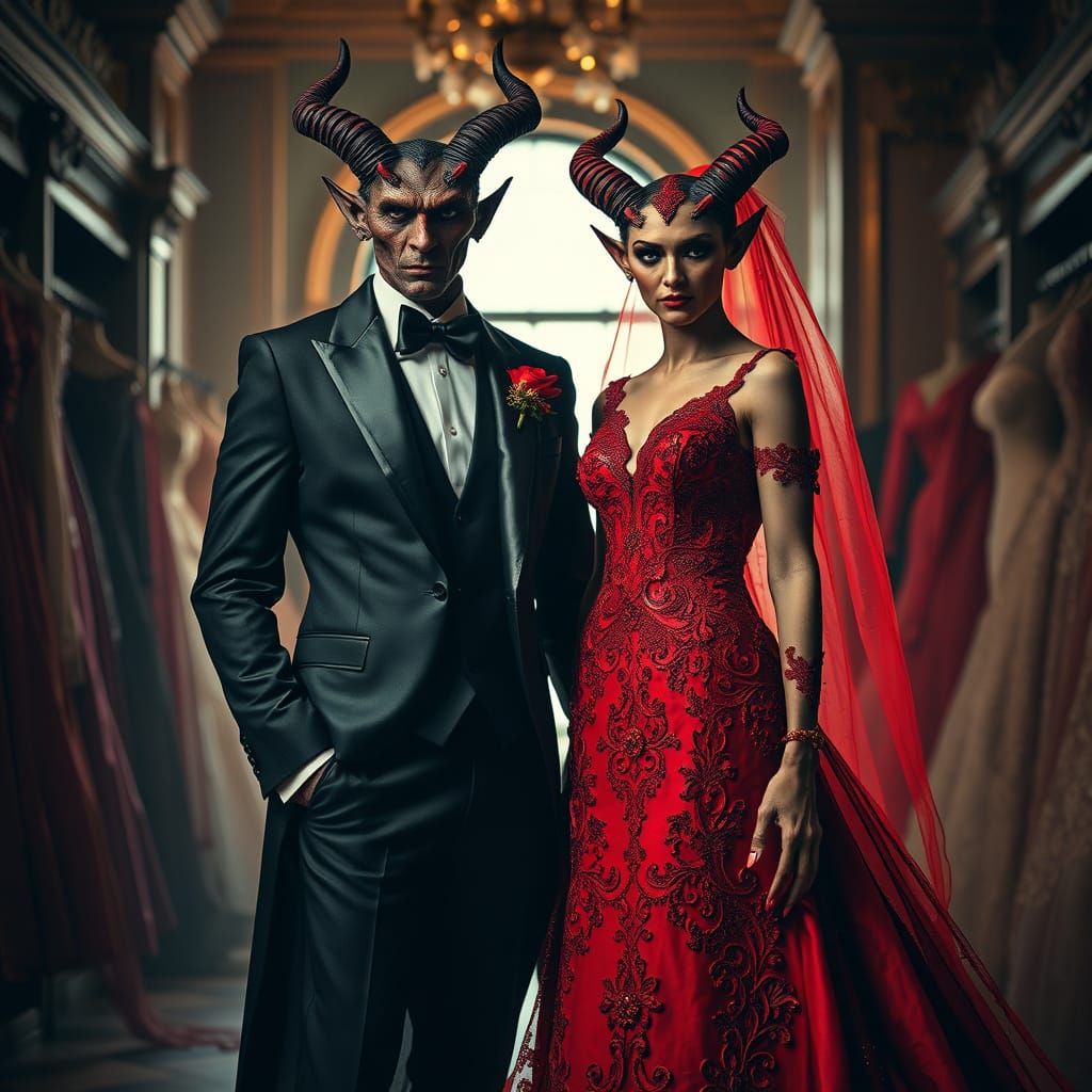 Elegant Demon Wedding Attire in a Luxurious Store Setting