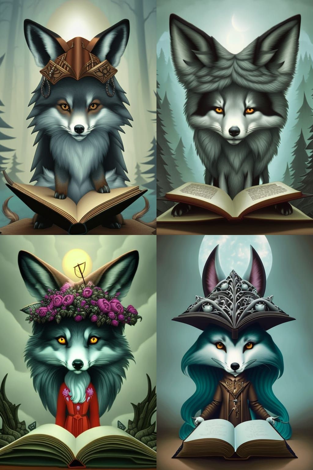 Runic Book Wizard with Forest Animals in Surreal Style