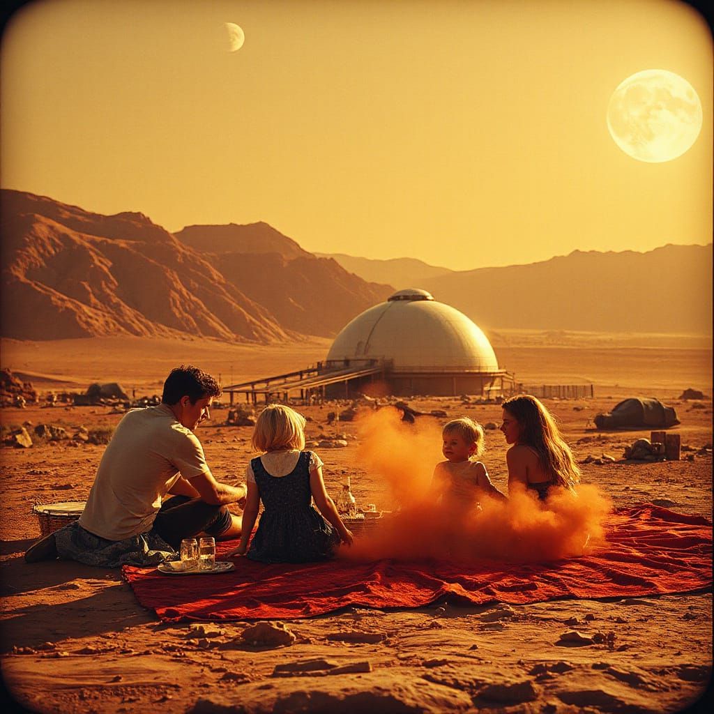 Vintage Martian Picnic: Family Enjoys Future Domesticity