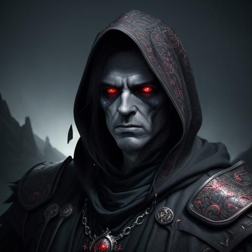 Ominous Dark Fantasy Portrait with Mystical Mountain Backdro...