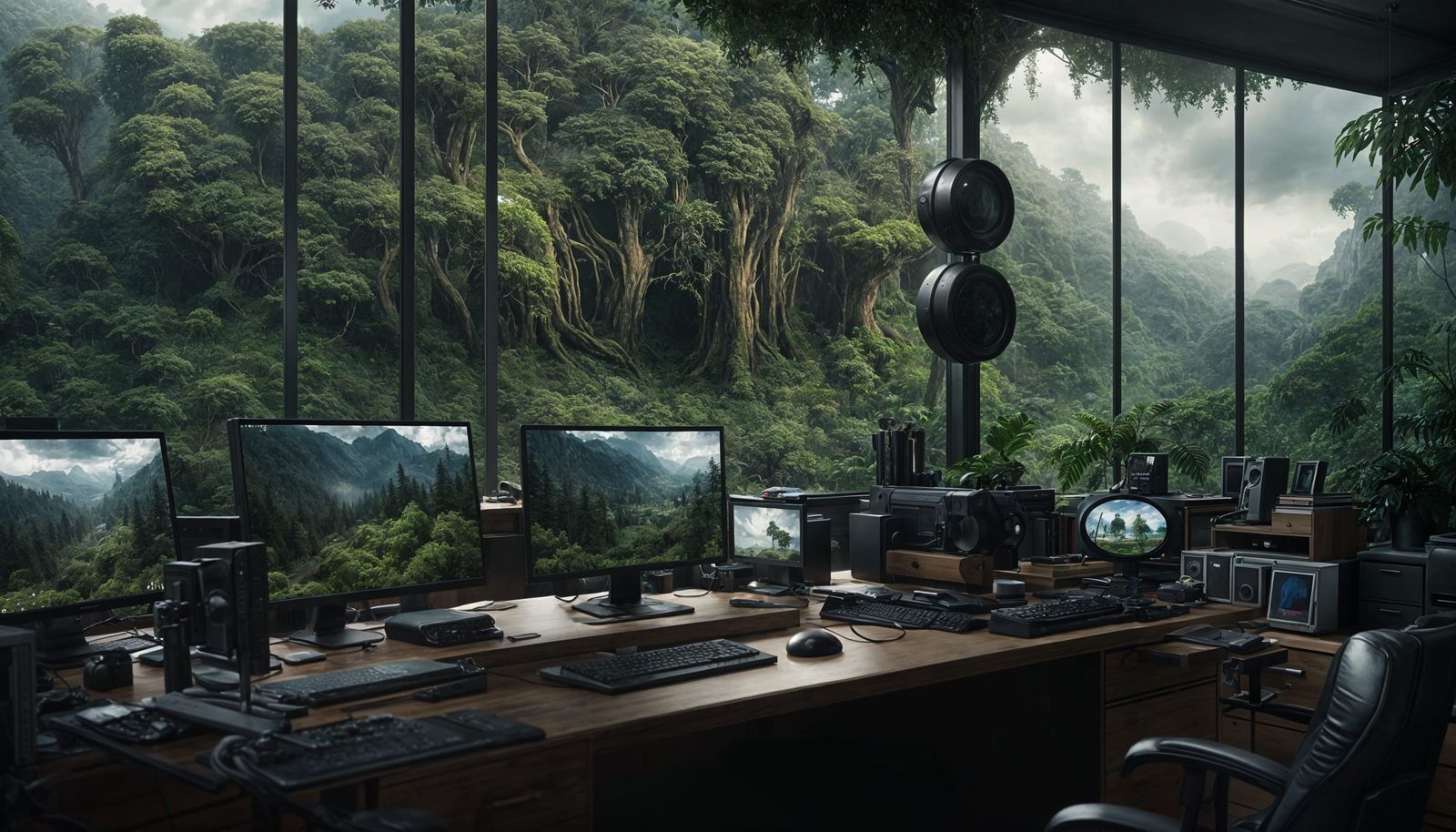 Retro-Futuristic Gaming Office Overlooking Prehistoric Fores...