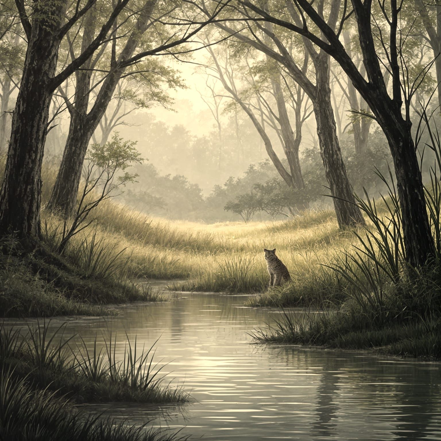 Bobcat in a Southern Glade with Spanish Moss