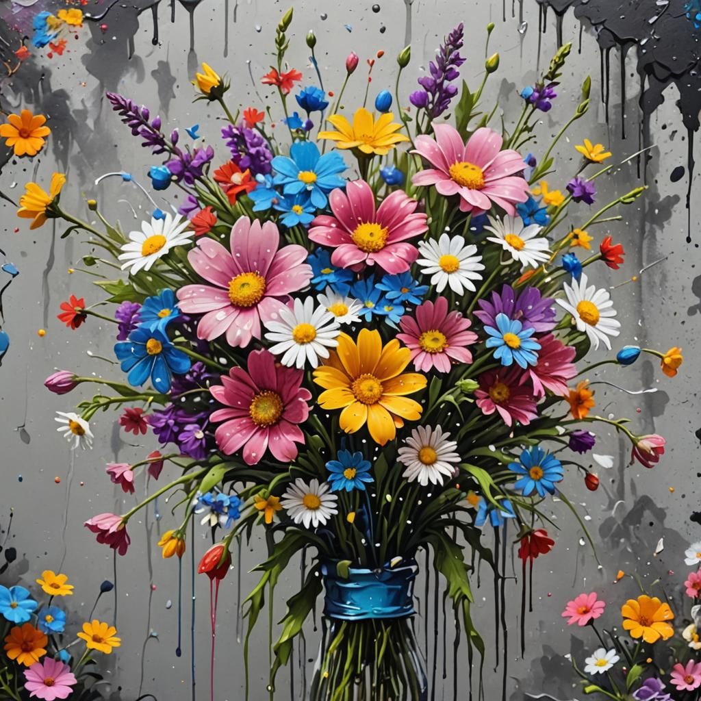 Polychromatic Wildflower Bouquet in Graffiti Art Style