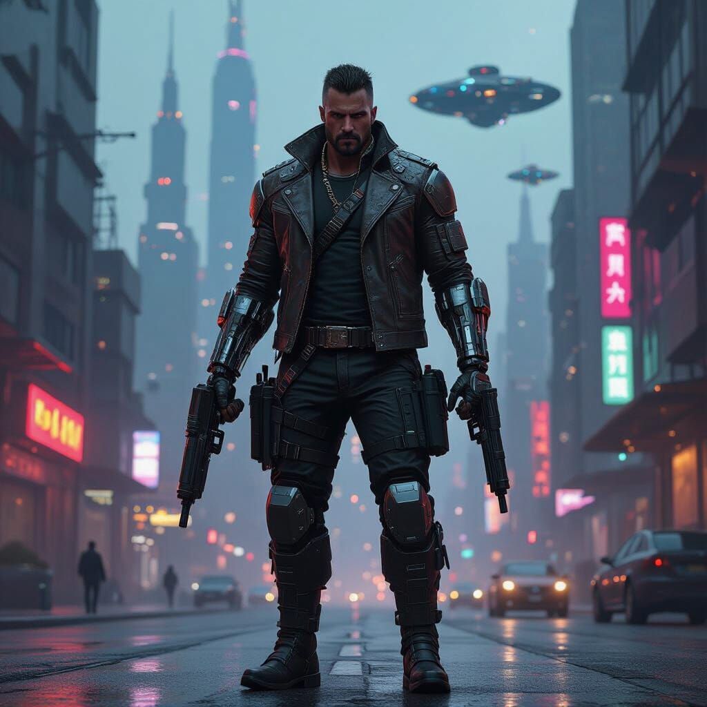 Futuristic Mercenary in Dystopian Cityscape