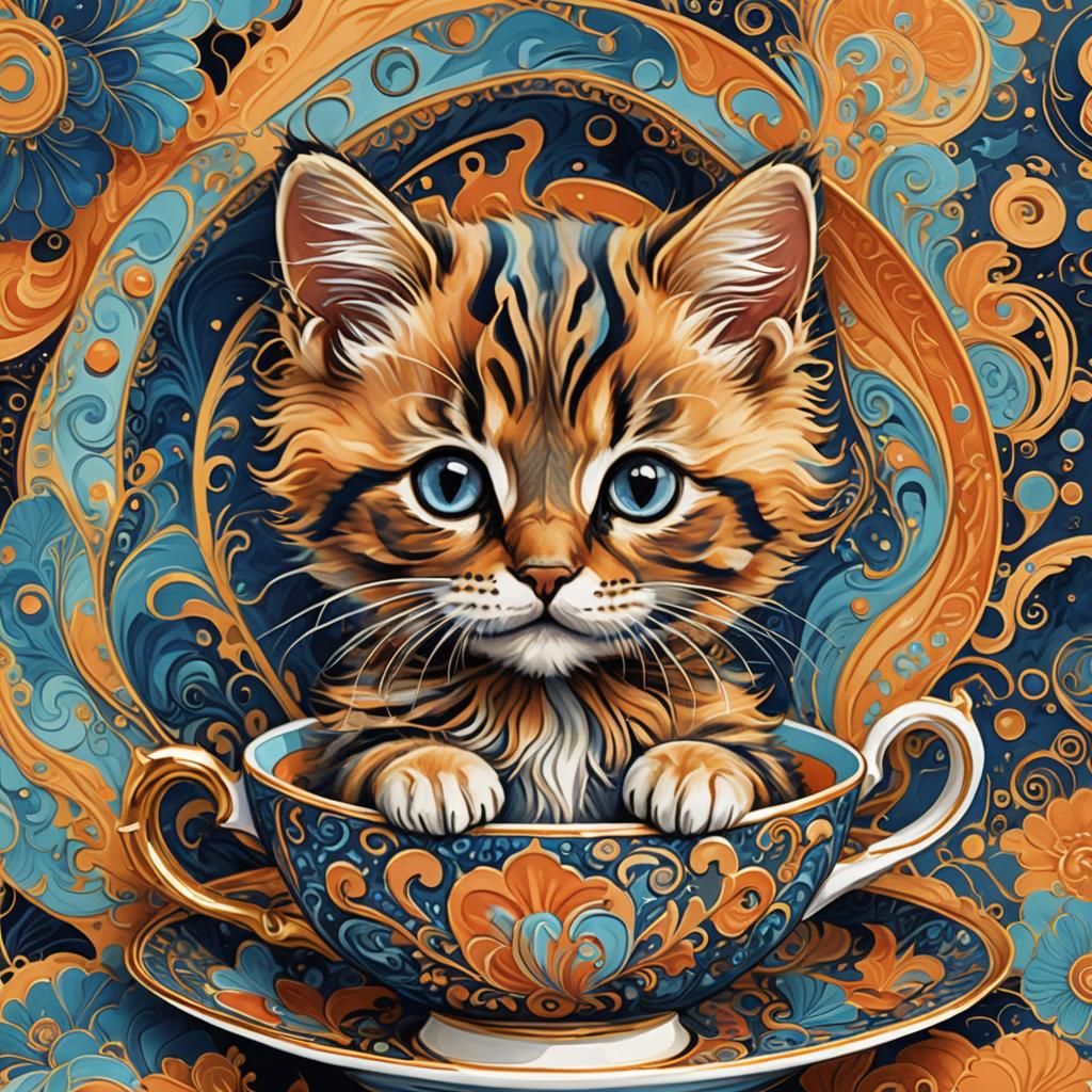 Psychedelic Kitten in Teacup Illustration